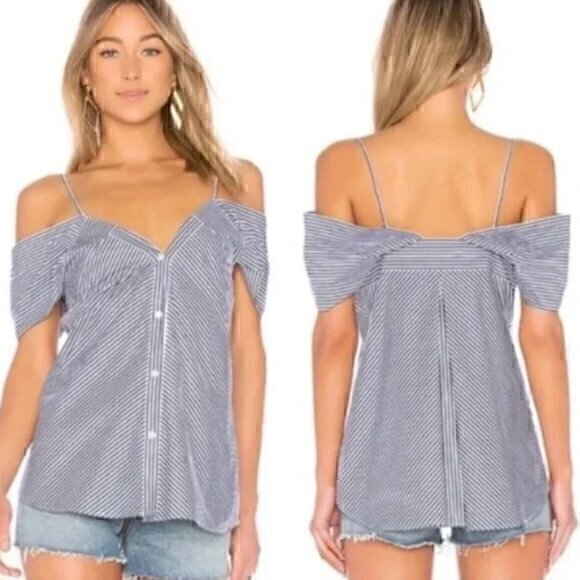 Theory Hartman Navy Stripe Off Should Button Down Sleeveless Blouse L - Picture 1 of 7